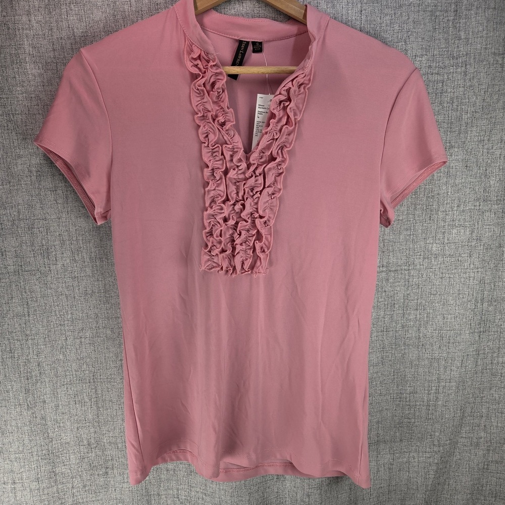 Y2K Womens Pink Ruffle Barbiecore Small SS Top Susan Lawrence Coquette Stretch